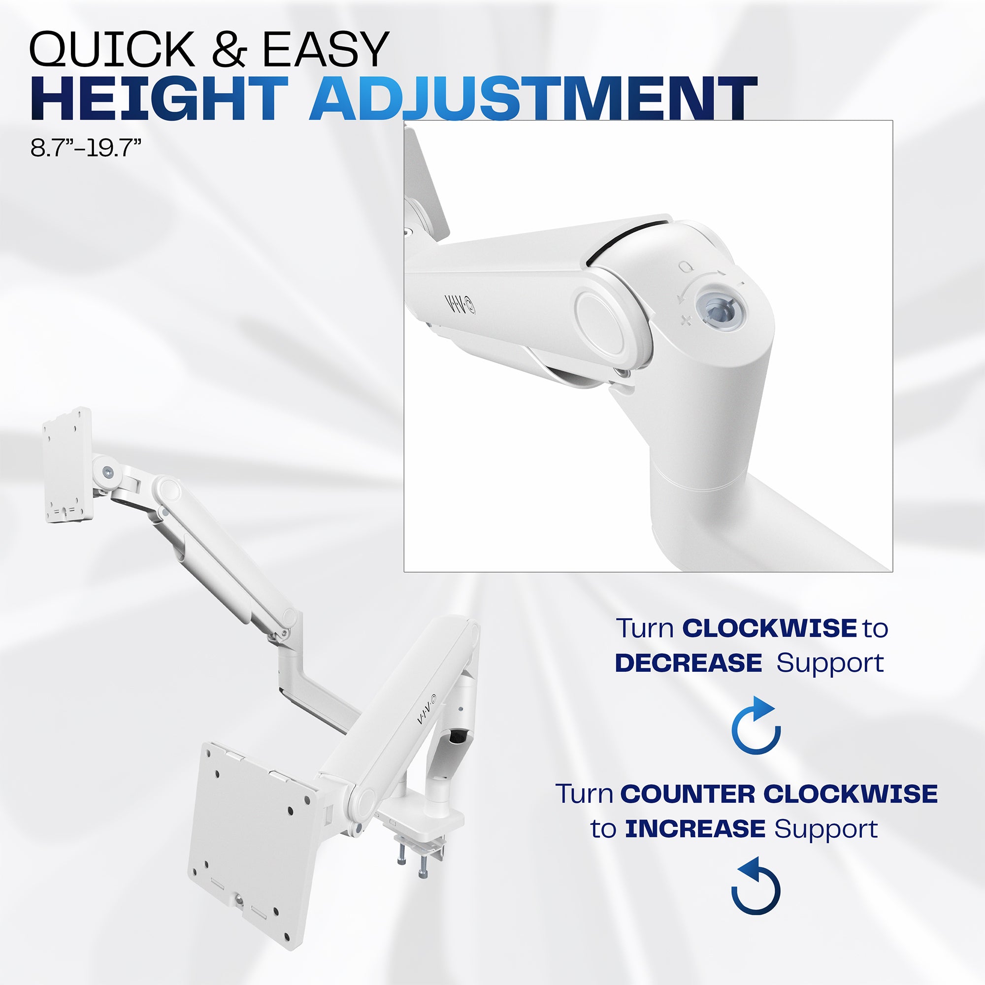 White adjustable arms with height adjustment instructions on a white background