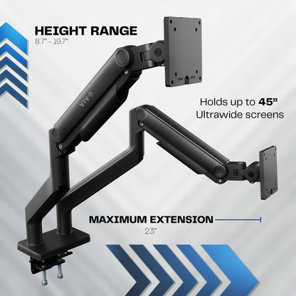A monitor desk mount with pneumatic arms with text showing maximum extension and height range. 
