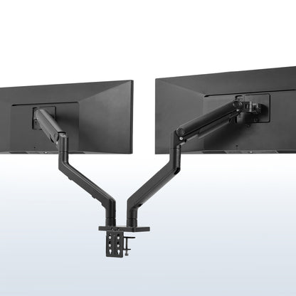 A dual monitor desk mount with pneumatic arms, capable of supporting ultrawide screens in black color.