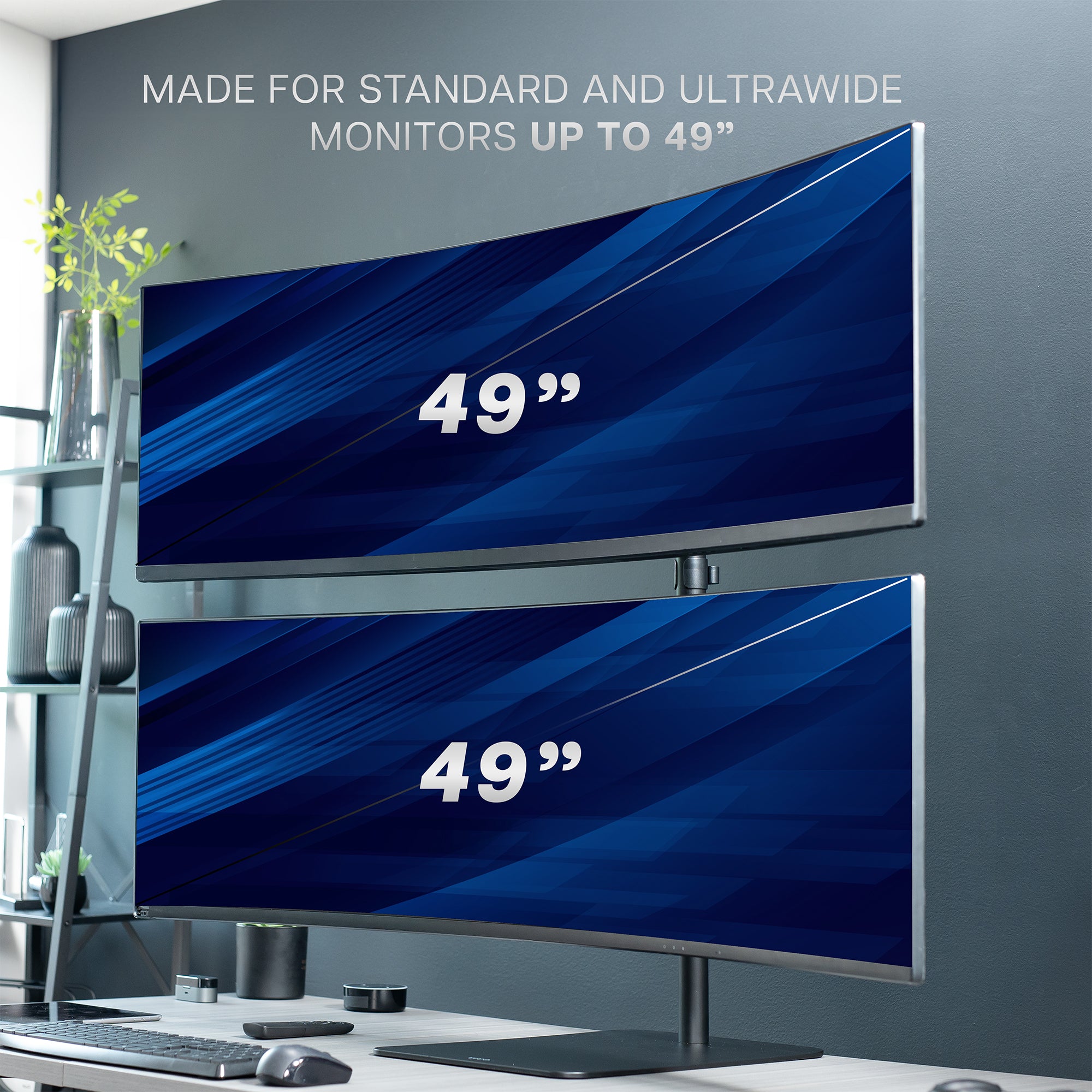 Dual Ultrawide Vertical Monitor Desk Stand elevates 2 large monitors in a vertically stacked array for comfortable viewing angles and efficient use of desk space. The freestanding base provides excellent support with no need to drill or clamp into your desktop.