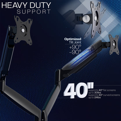 A dual ultrawide monitor desk mount with pneumatic arms with text on a dark blue background. 