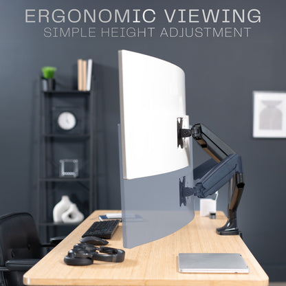 A dual ultrawide monitor desk mount with pneumatic arms with text showing height adjustment. 