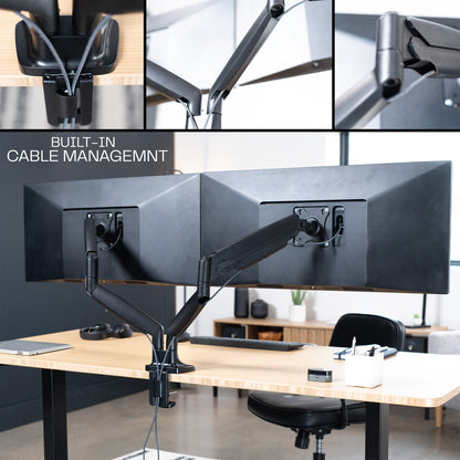 A dual ultrawide monitor desk mount with pneumatic arms and text displaying built-in cable management. 