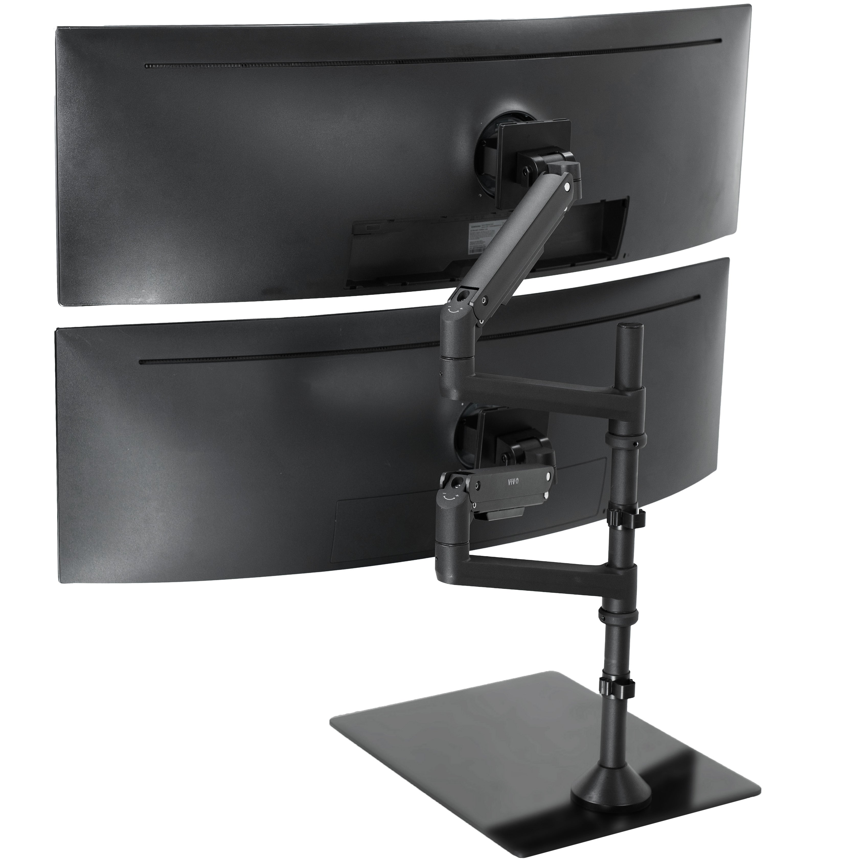 Heavy duty height adjustable dual ultrawide monitor stand with articulation and integrated cable management.