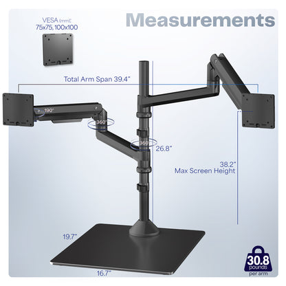 Heavy duty height adjustable dual ultrawide monitor stand with articulation and integrated cable management.