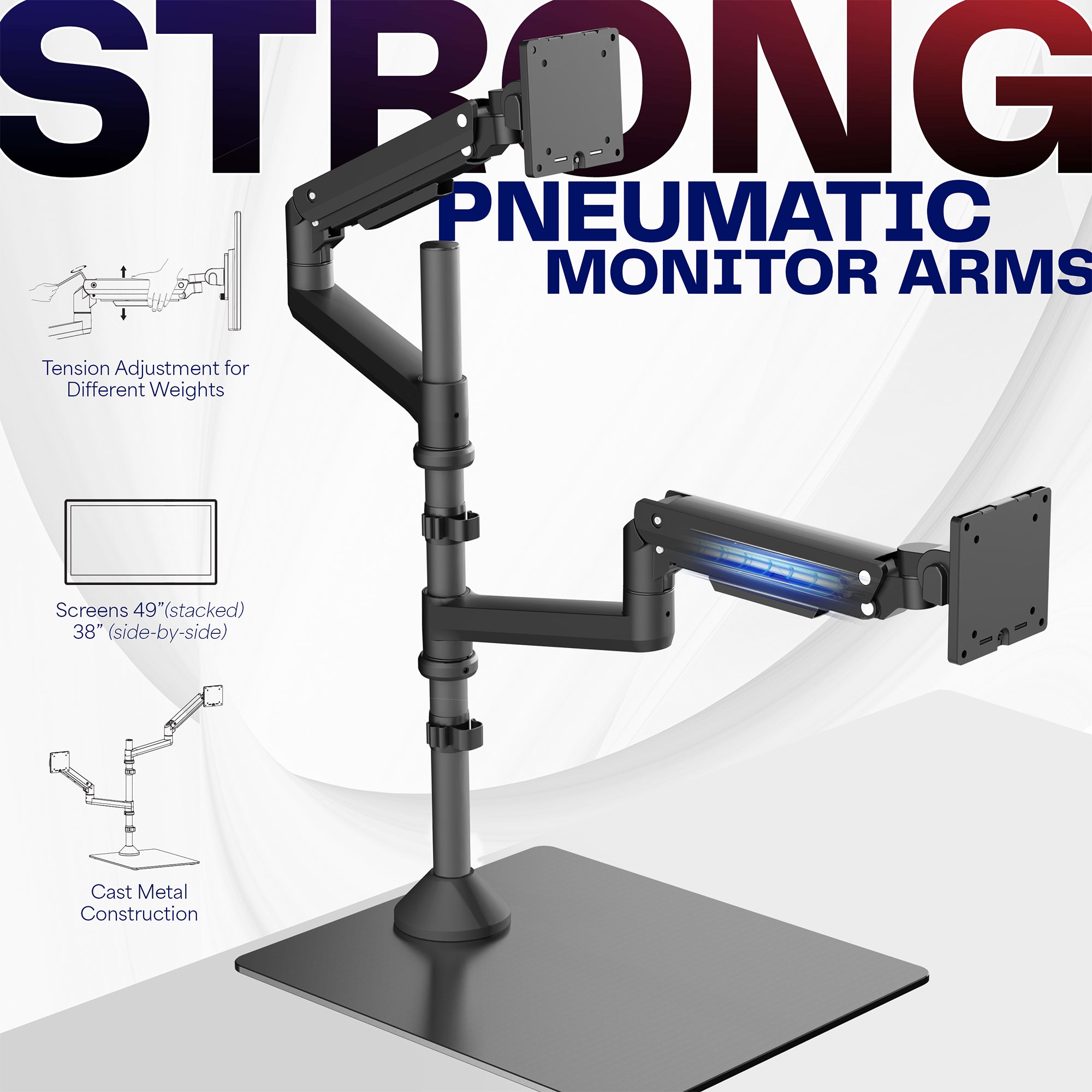 Heavy duty height adjustable dual ultrawide monitor stand with articulation and integrated cable management.