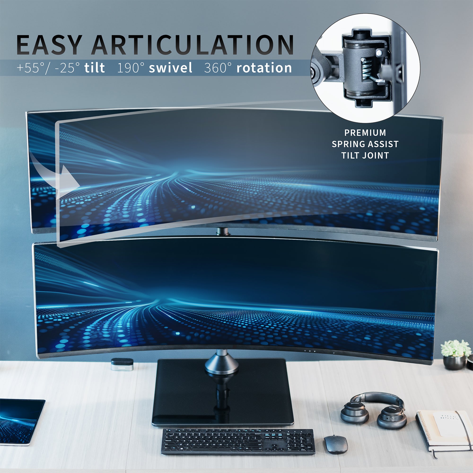 Heavy duty height adjustable dual ultrawide monitor stand with articulation and integrated cable management.