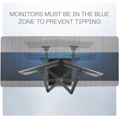 Heavy duty height adjustable dual ultrawide monitor stand with articulation and integrated cable management.