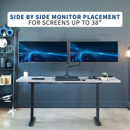 Heavy duty height adjustable dual ultrawide monitor stand with articulation and integrated cable management.