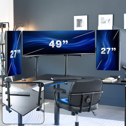 2-Pole Triple Monitor Desk Mount (1 Ultrawide + 2 Standard) - Up to 49" Screens