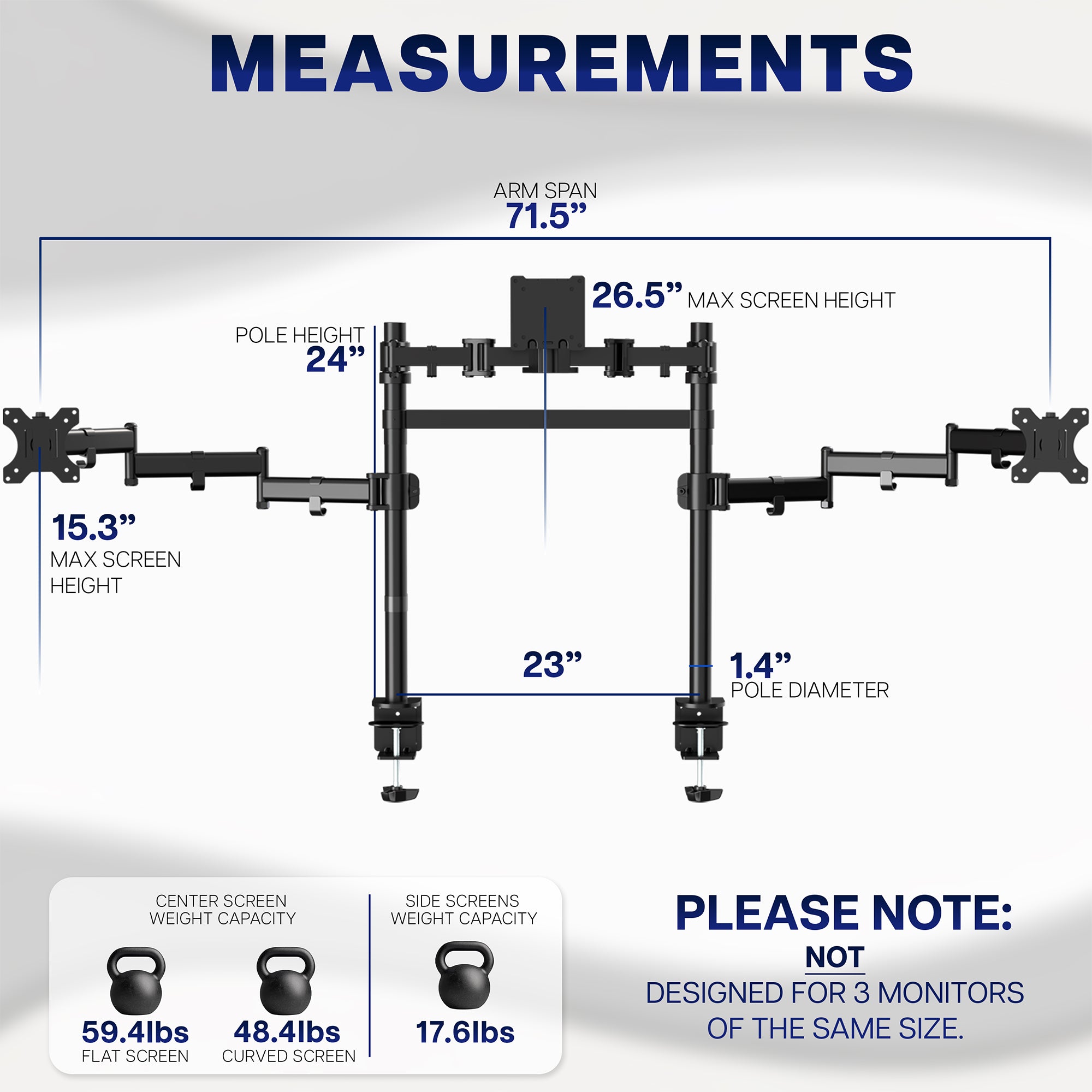Measurement chart of a 2-Pole Triple Monitor Desk Mount with various dimensions labeled.
