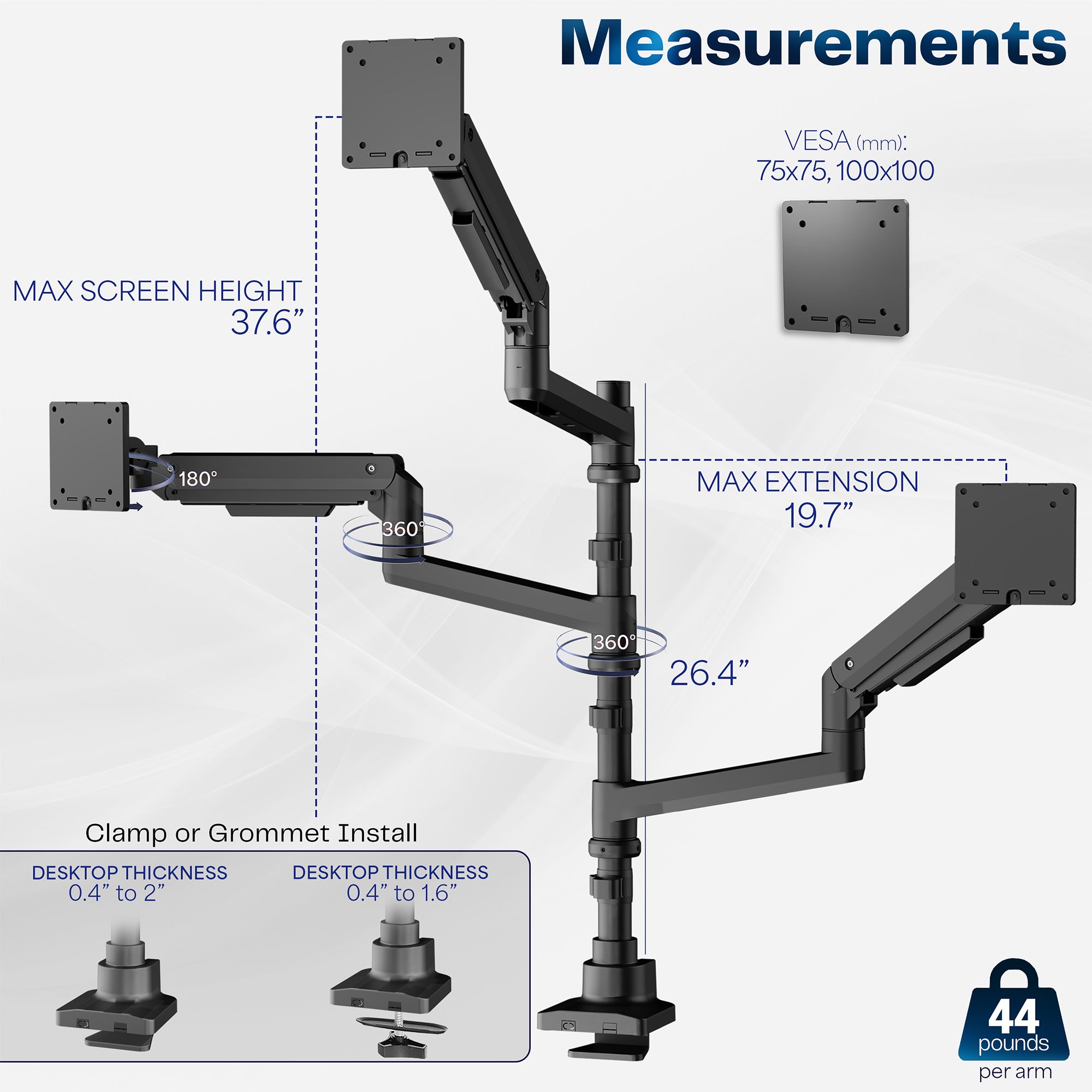 Pneumatic Arm Triple Ultrawide Monitor Extra Tall Desk Mount - Up to 49" Screens