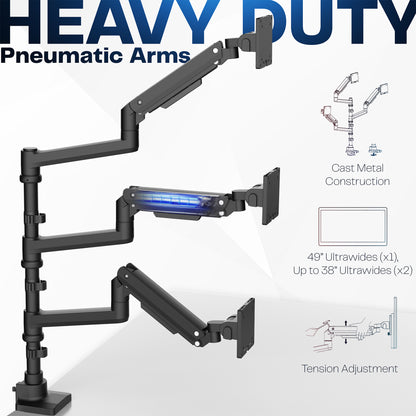 Pneumatic Arm Triple Ultrawide Monitor Extra Tall Desk Mount - Up to 49" Screens