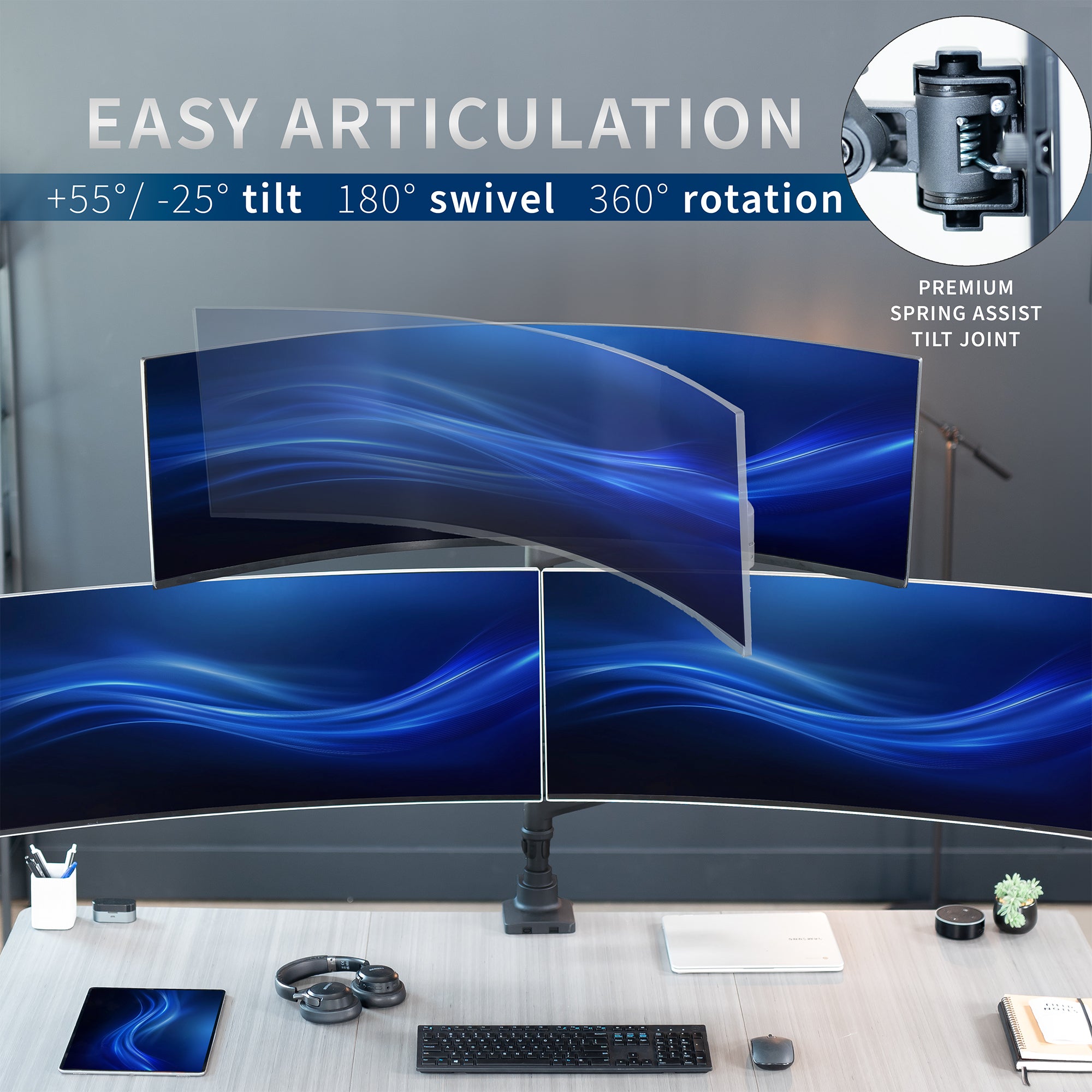 Pneumatic Arm Triple Ultrawide Monitor Extra Tall Desk Mount - Up to 49" Screens