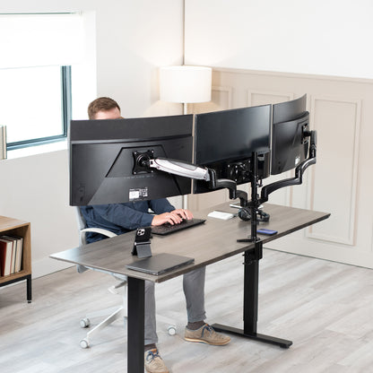 Triple Monitor Height Adjustable Desk Mount, 2 Pneumatic Arms, 1 Fixed, Counterbalance Stand