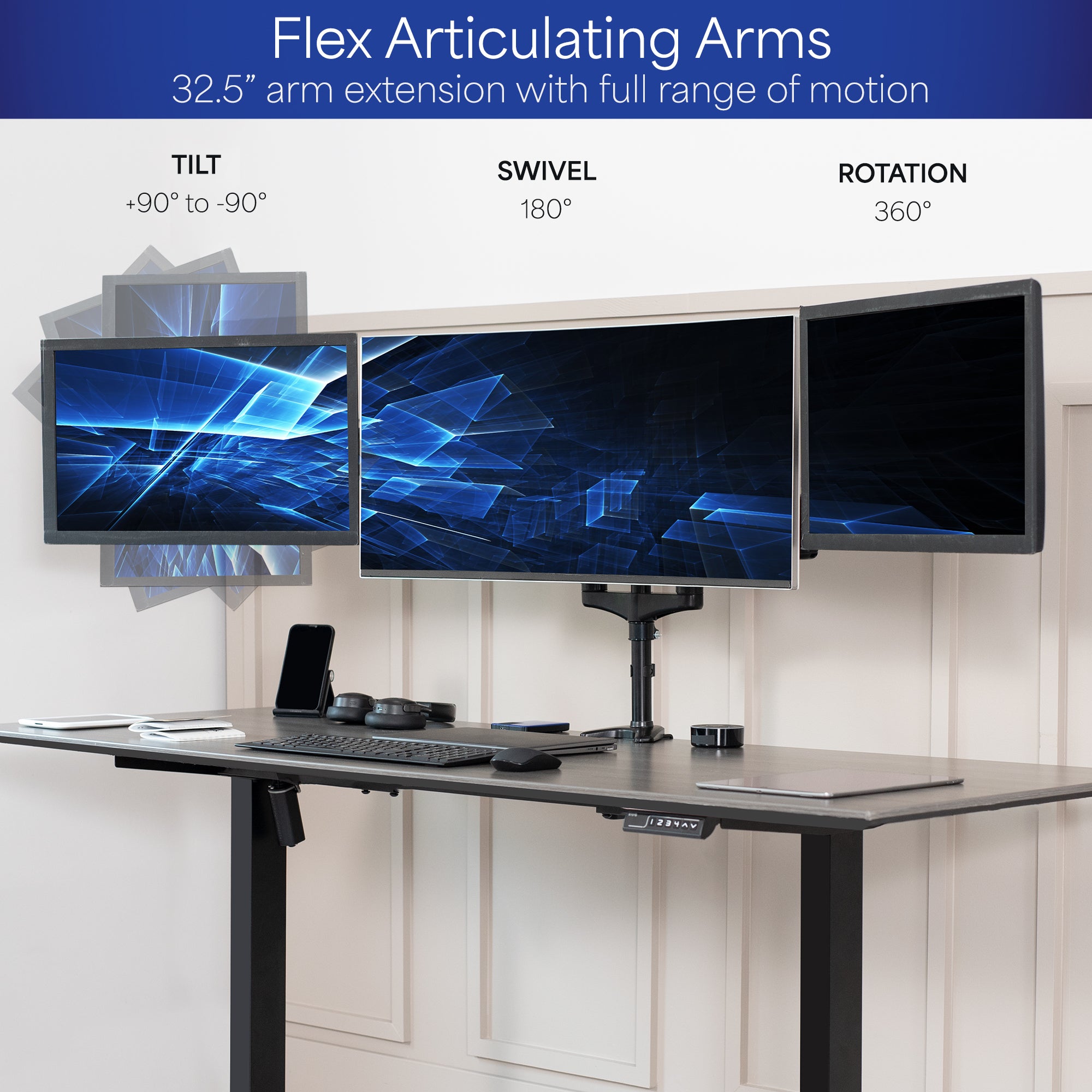 Triple Monitor Height Adjustable Desk Mount, 2 Pneumatic Arms, 1 Fixed, Counterbalance Stand