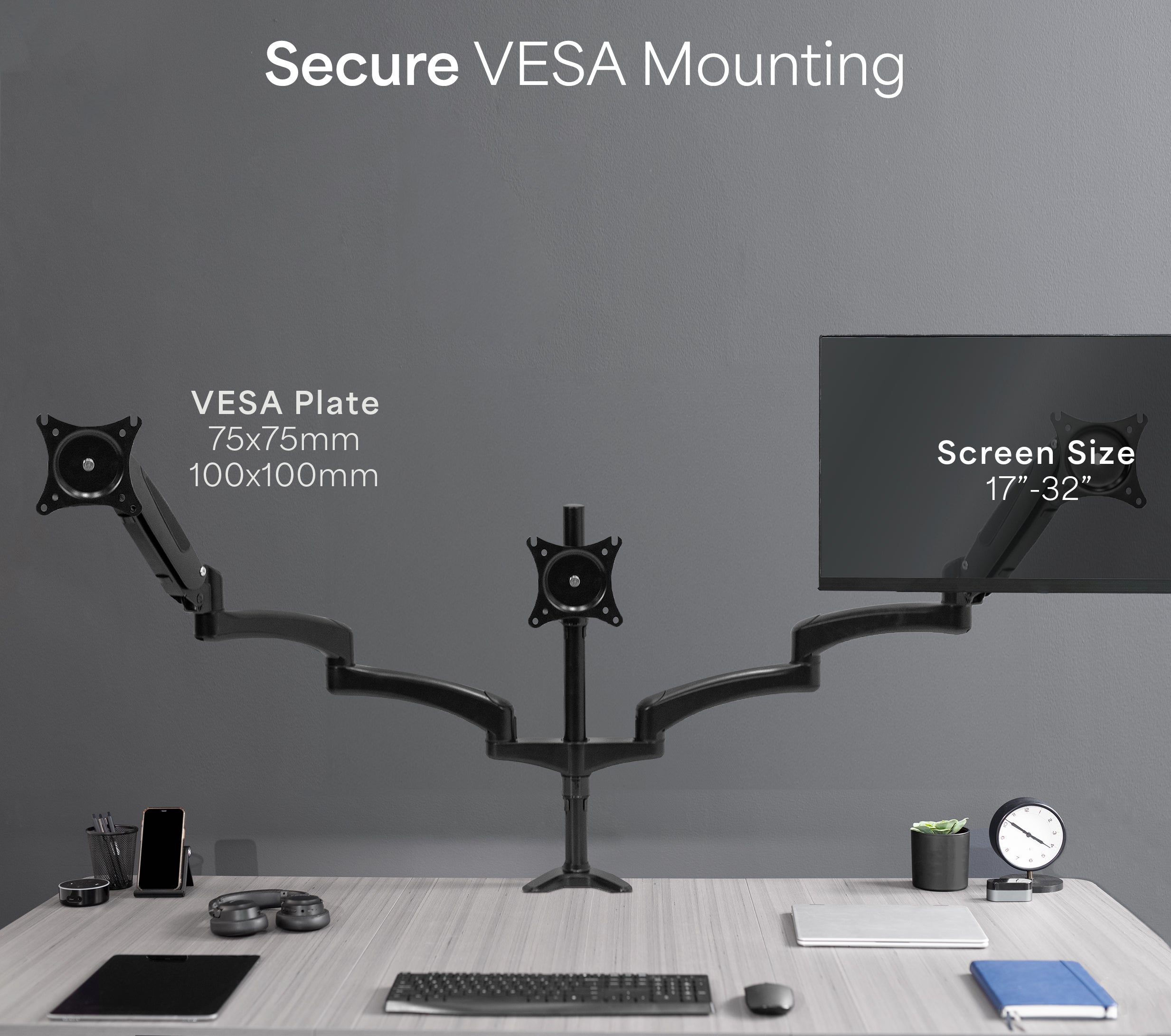 Triple Monitor Height Adjustable Desk Mount, 2 Pneumatic Arms, 1 Fixed, Counterbalance Stand