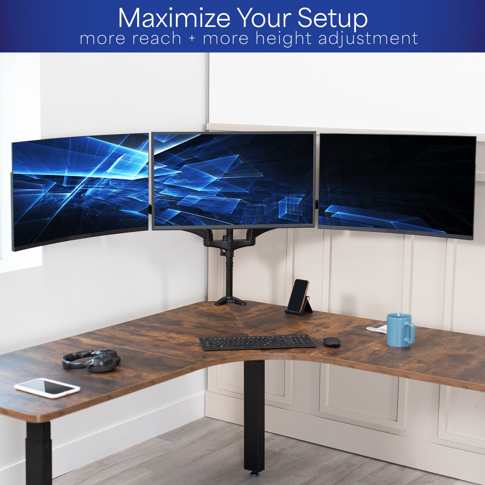 Triple Monitor Height Adjustable Desk Mount, 2 Pneumatic Arms, 1 Fixed, Counterbalance Stand