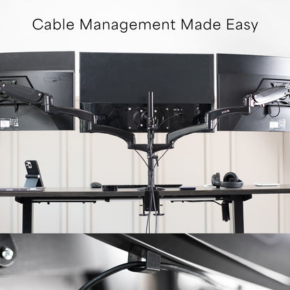 Triple Monitor Height Adjustable Desk Mount, 2 Pneumatic Arms, 1 Fixed, Counterbalance Stand