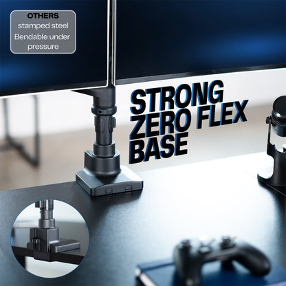 Gaming monitor with a strong zero flex base on a desk.