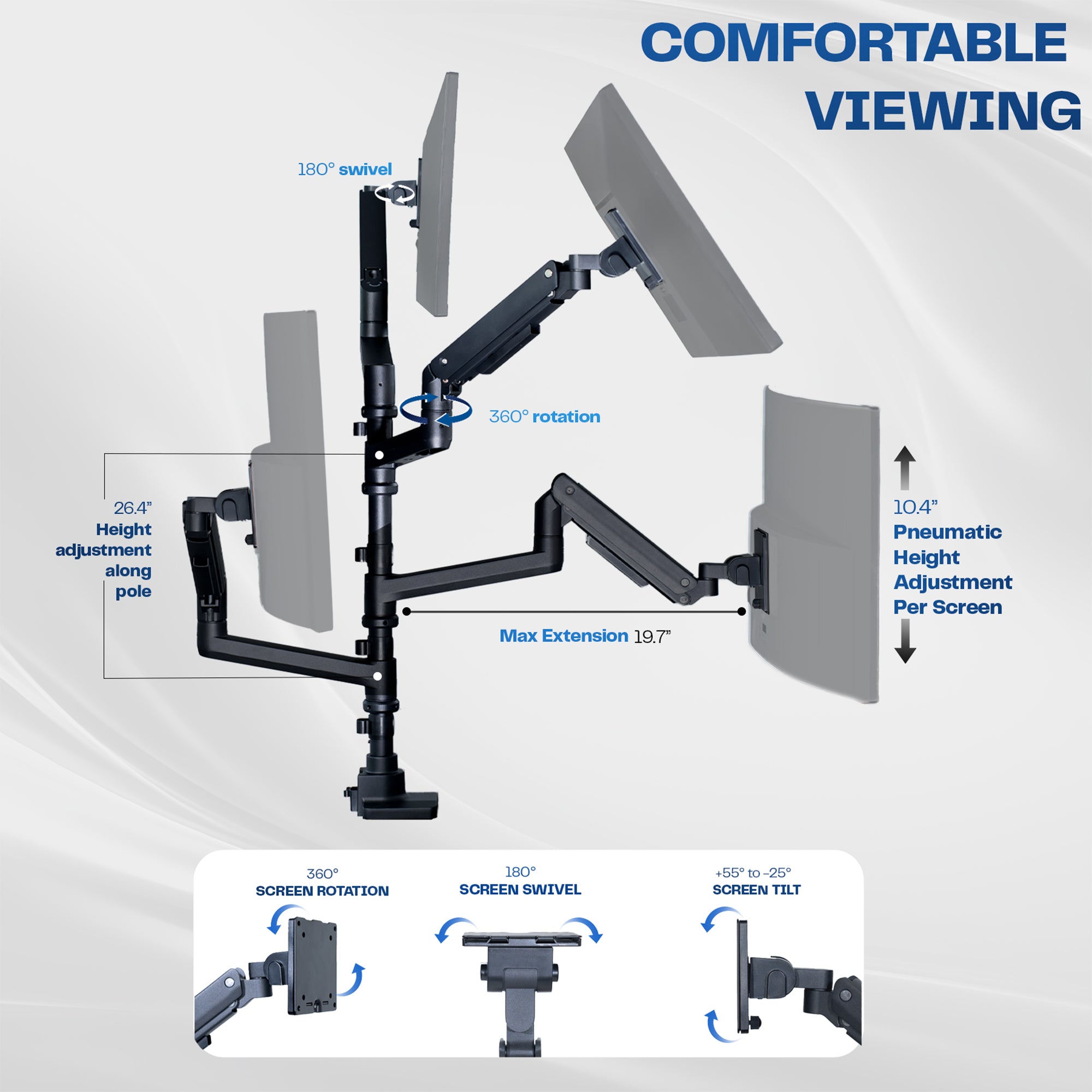 Monitor arm with detailed features and adjustable angles on a white background.