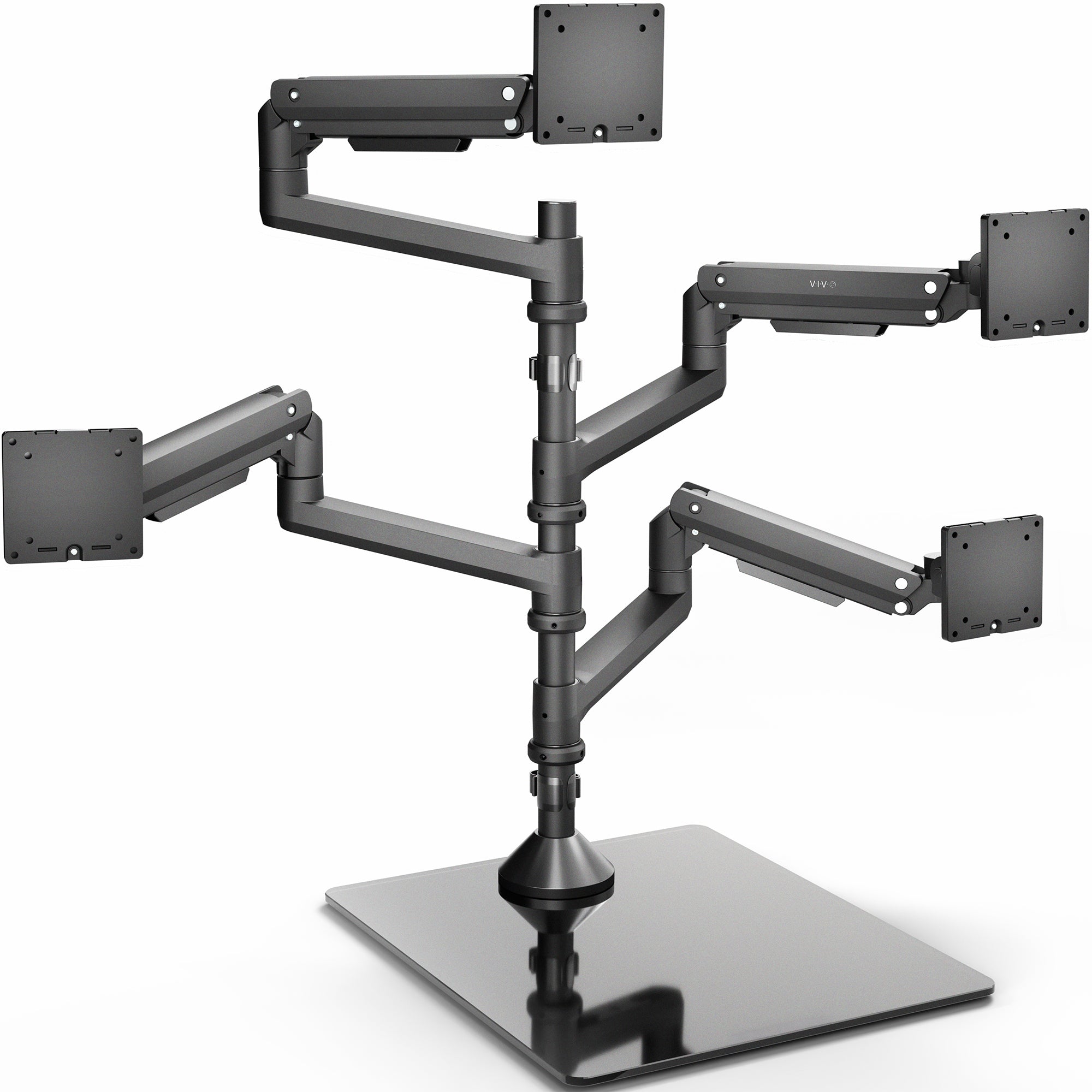 Freestanding quad ultrawide monitor desk mount with extra tall pole and pneumatic arms for up to 38-inch screens