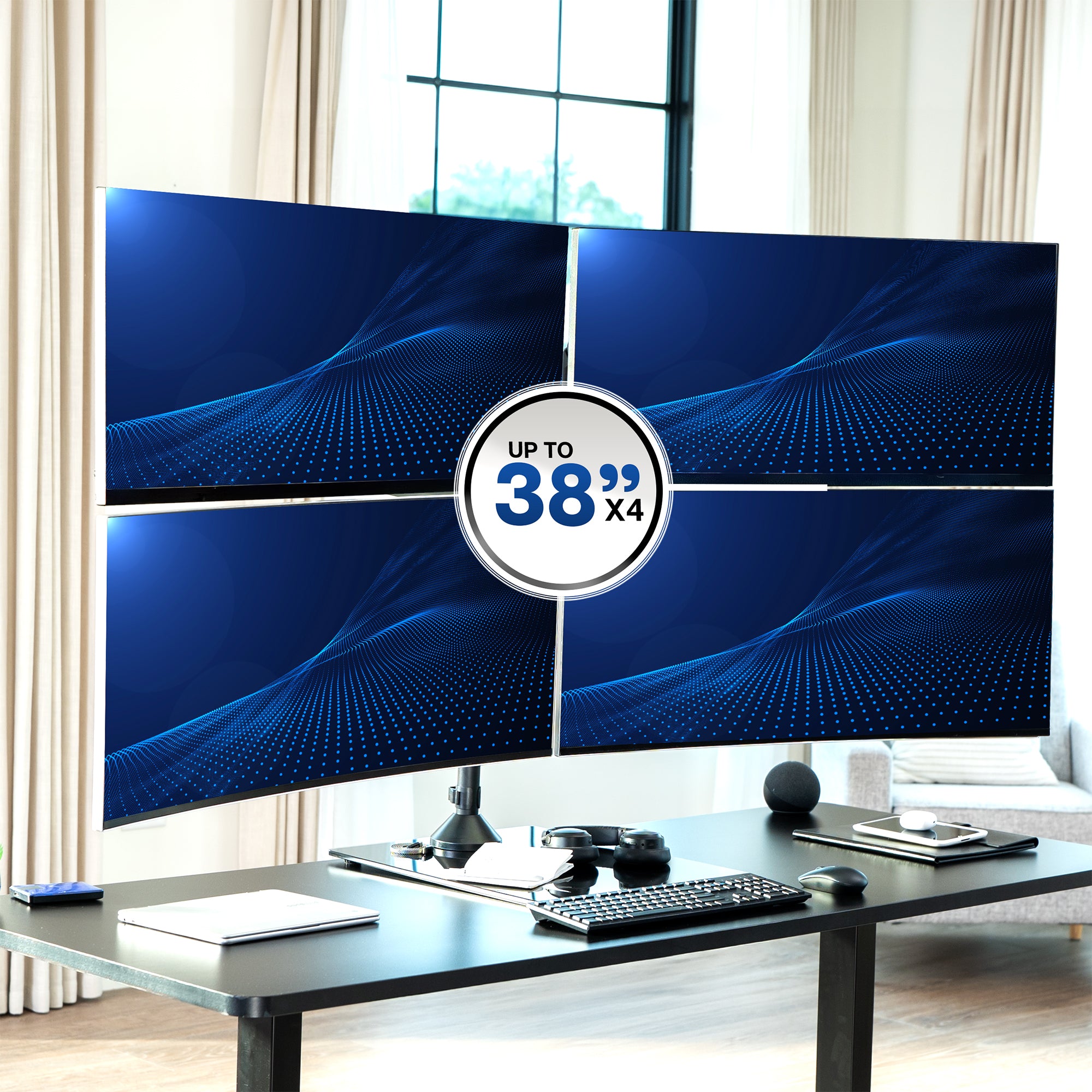 Quad monitor desk stand supporting four ultrawide screens up to 38 inches in a stacked workstation setup