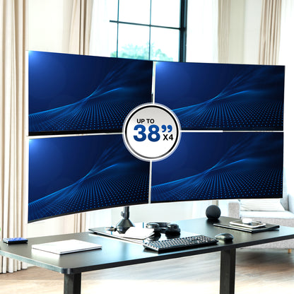 Quad monitor desk stand supporting four ultrawide screens up to 38 inches in a stacked workstation setup