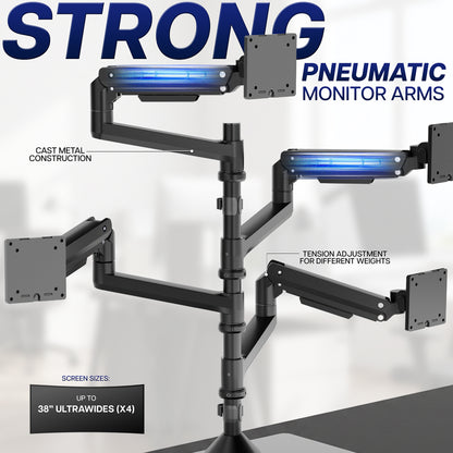 Heavy-duty quad monitor mount with strong pneumatic arms for smooth height adjustment and stable screen support