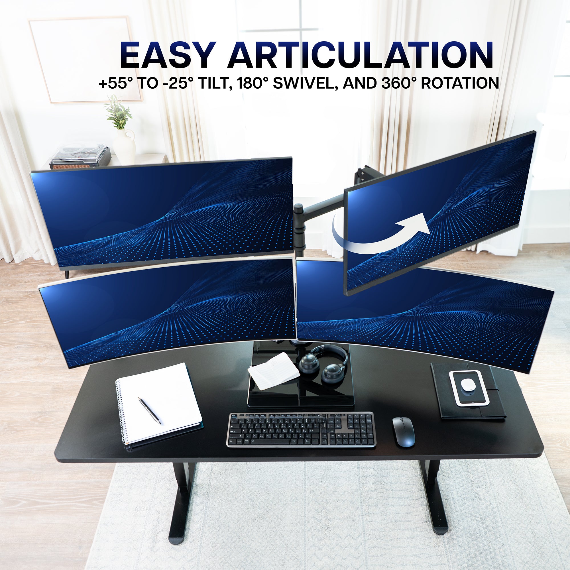 Adjustable quad ultrawide monitor stand with articulating arms for flexible screen positioning and ergonomic viewing
