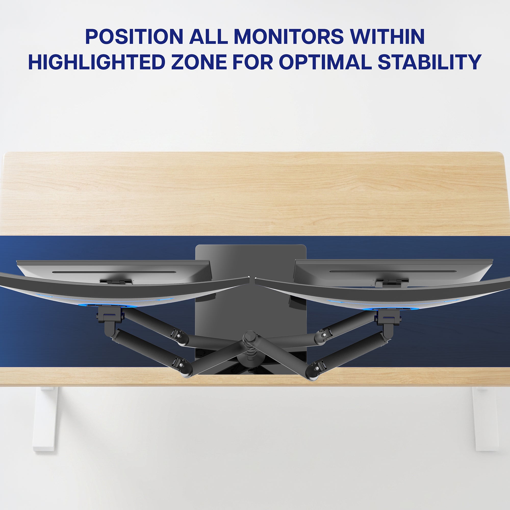 Quad monitor desk mount with adjustable arms for precise alignment and customized positioning of four displays