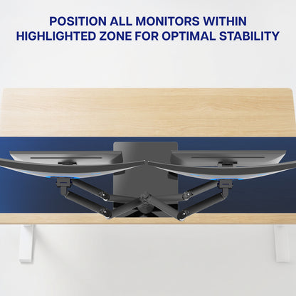 Quad monitor desk mount with adjustable arms for precise alignment and customized positioning of four displays