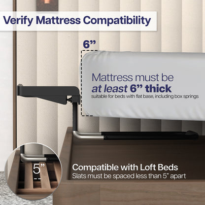 Under bed shelf with mattress compatibility information on a neutral background