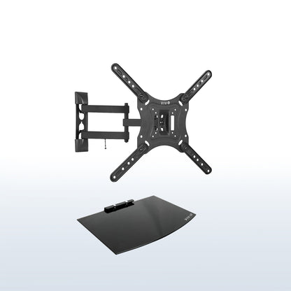 Sturdy TV wall mount with a tempered glass shelf.