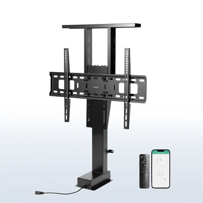 Motorized TV stand in black color with a remote control, designed to mount on a wall or cabinet.