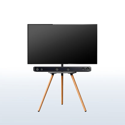Smart TV on a wooden stand with soundbar.