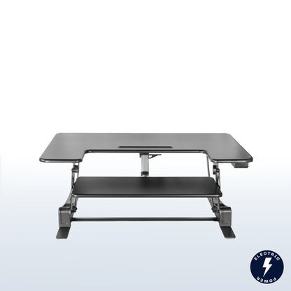 Dual-tiered, electric desk riser that sits on top of your current desk and gives you the benefit of standing up throughout the work day. 
