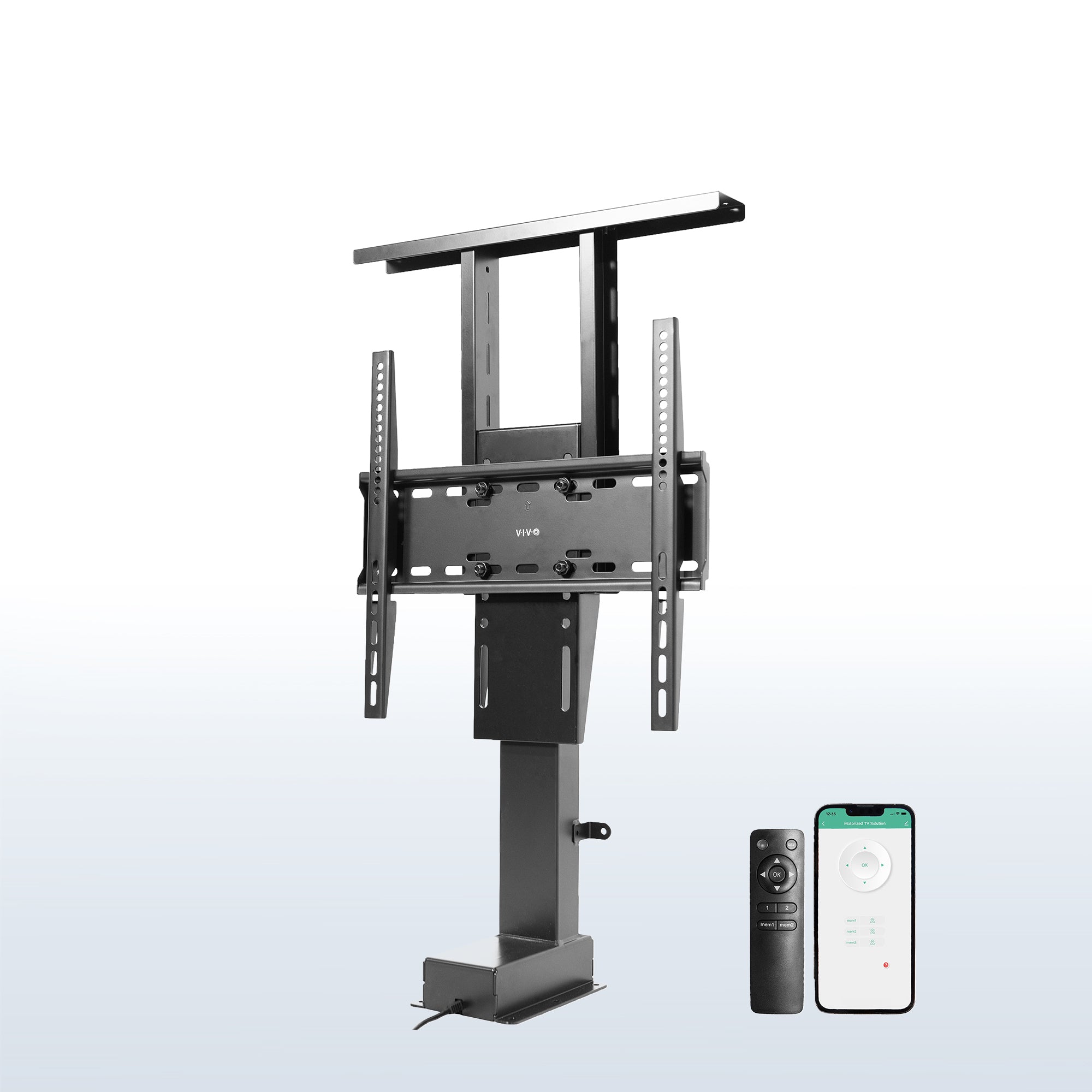 A motorized TV stand in black color with a remote control, compatible with different TVs.