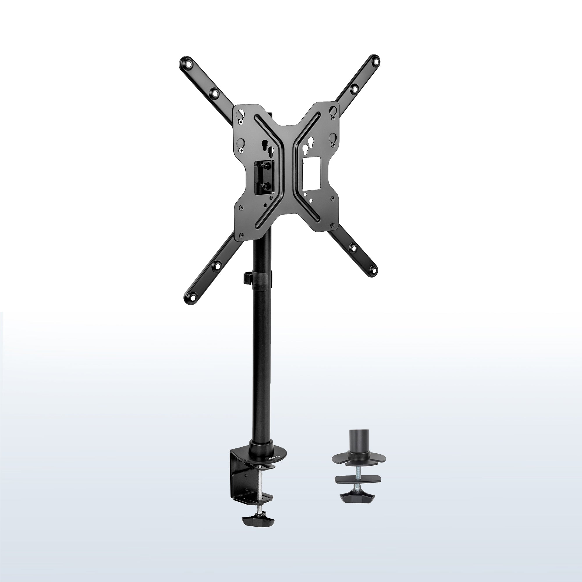 Sturdy wide screen TV desk mount with height adjustment and articulation.