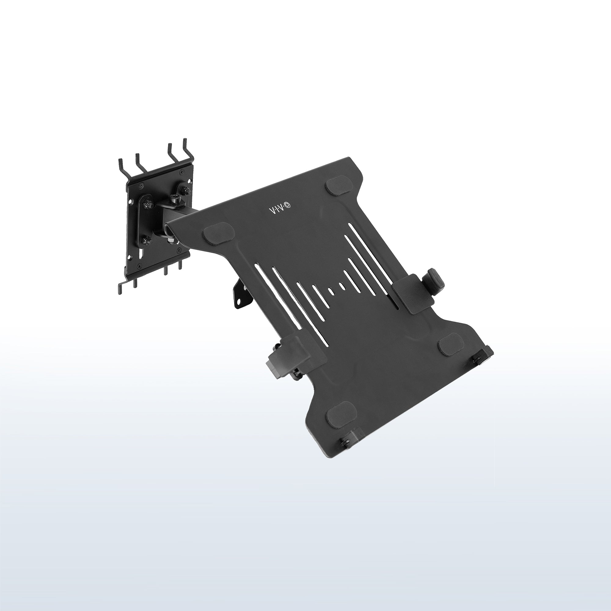Pegboard mounted laptop tray with articulating arm. Featuring adjustable holder clamps and tray ventilation.