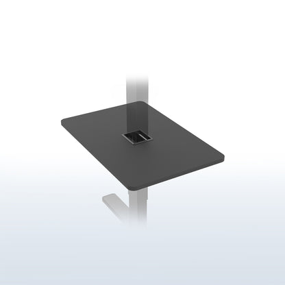 Under desk floating shelf platform that clamps onto desk leg. Provides convenient hidden storage that adjusts with your sit to stand desk.