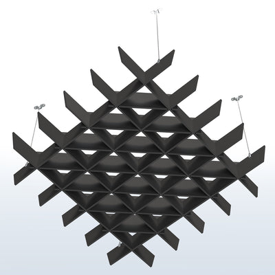 A black acoustic dual-layer ceiling waffle panel with a geometric pattern, mounted on a ceiling.