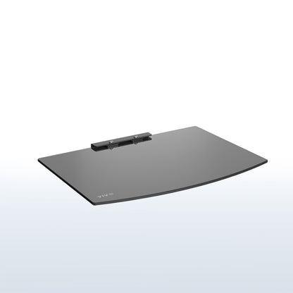 Modern look tempered glass floating shelf with sturdy steel frame.