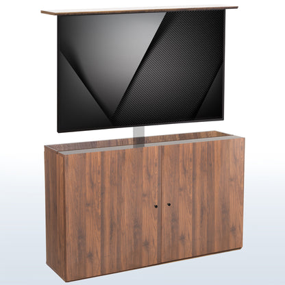A walnut brown TV lift cabinet with a flat-screen TV mounted on top.