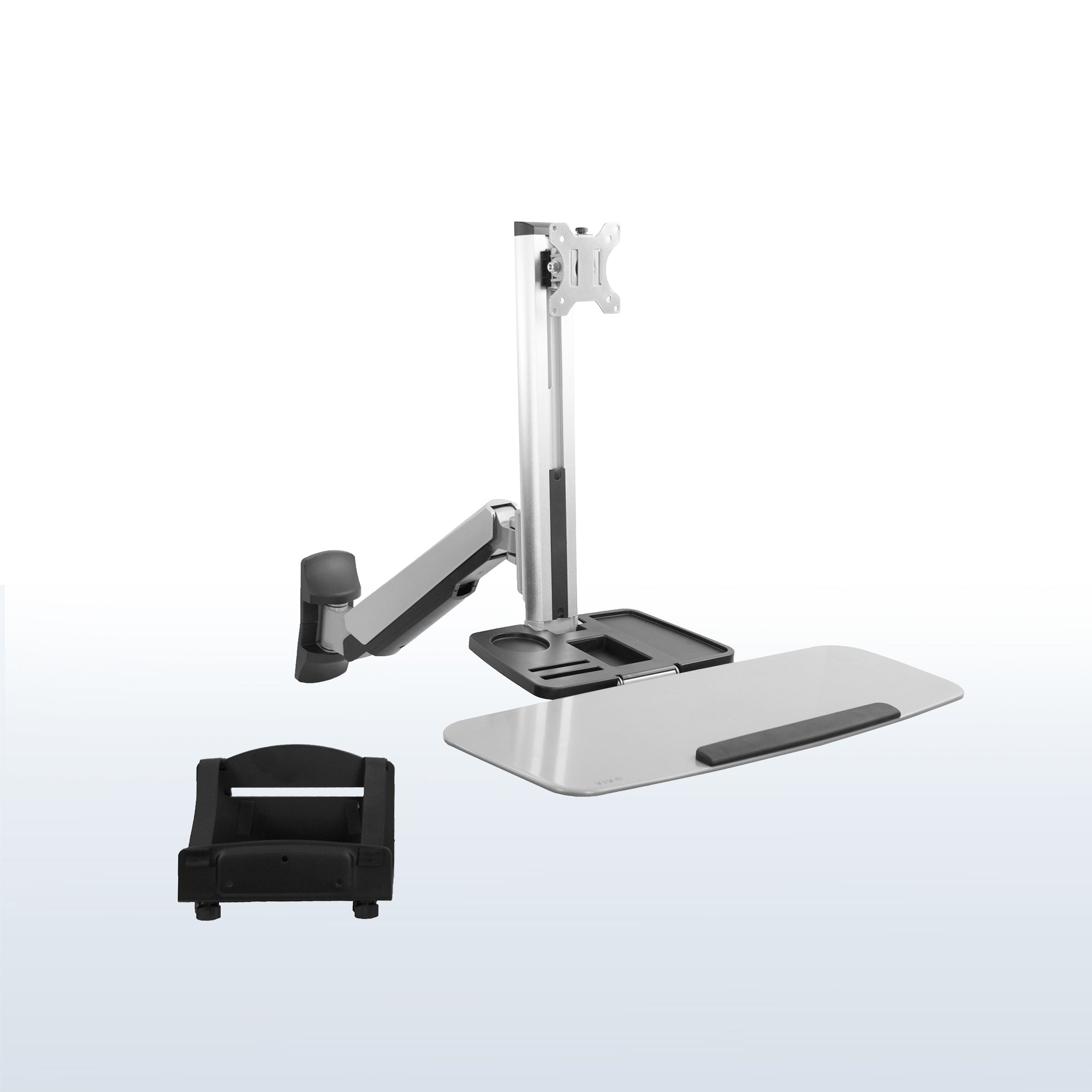 Sturdy silver ergonomic single monitor sit to stand wall mount workstation with keyboard tray.