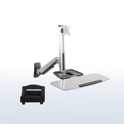 Sturdy silver ergonomic single monitor sit to stand wall mount workstation with keyboard tray.
