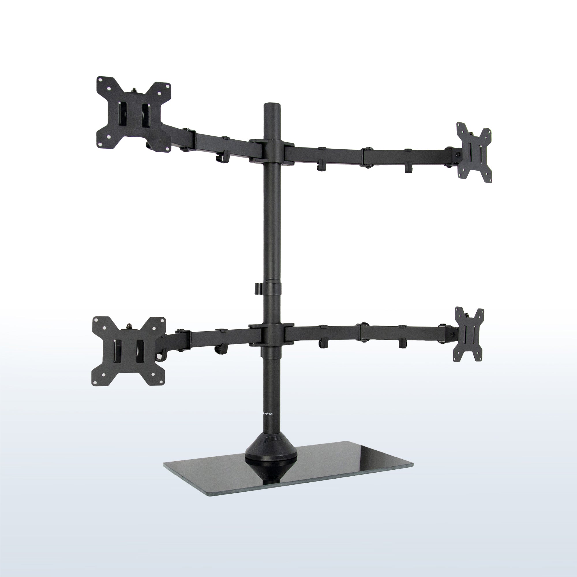 Sturdy height adjustable quad monitor desk stand.