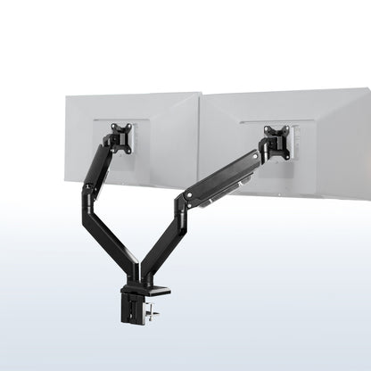 Adjustable pneumatic dual monitor desk mount with USB ports for ultrawide monitors.