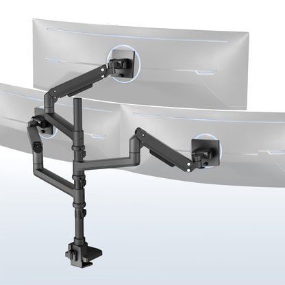 Triple monitor ultrawide desk mount with extending arms. Featuring height adjustment, tilt, swivel, rotation, and integrated cable management.