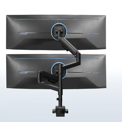 A dual monitor desk mount with pneumatic arms. 